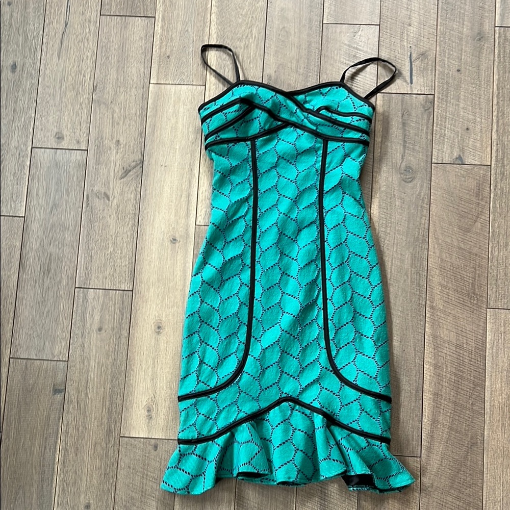 Bettie Page 1950's
Turquoise Pinup Pencil Dress Lined in Black XS